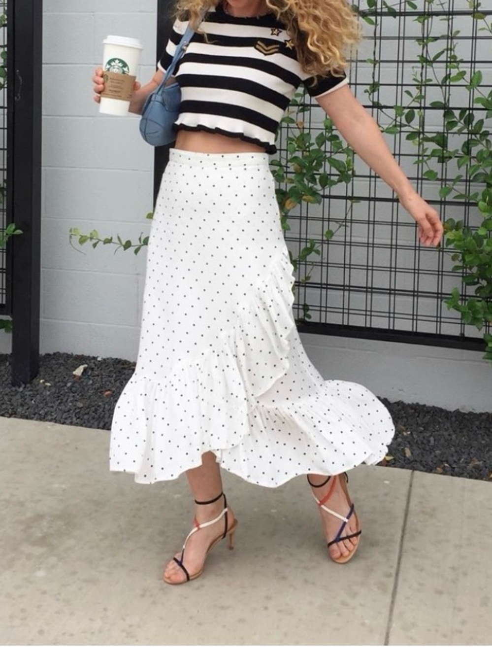 White Midi Skirt with Black Polka Dots and Ruffle Hem